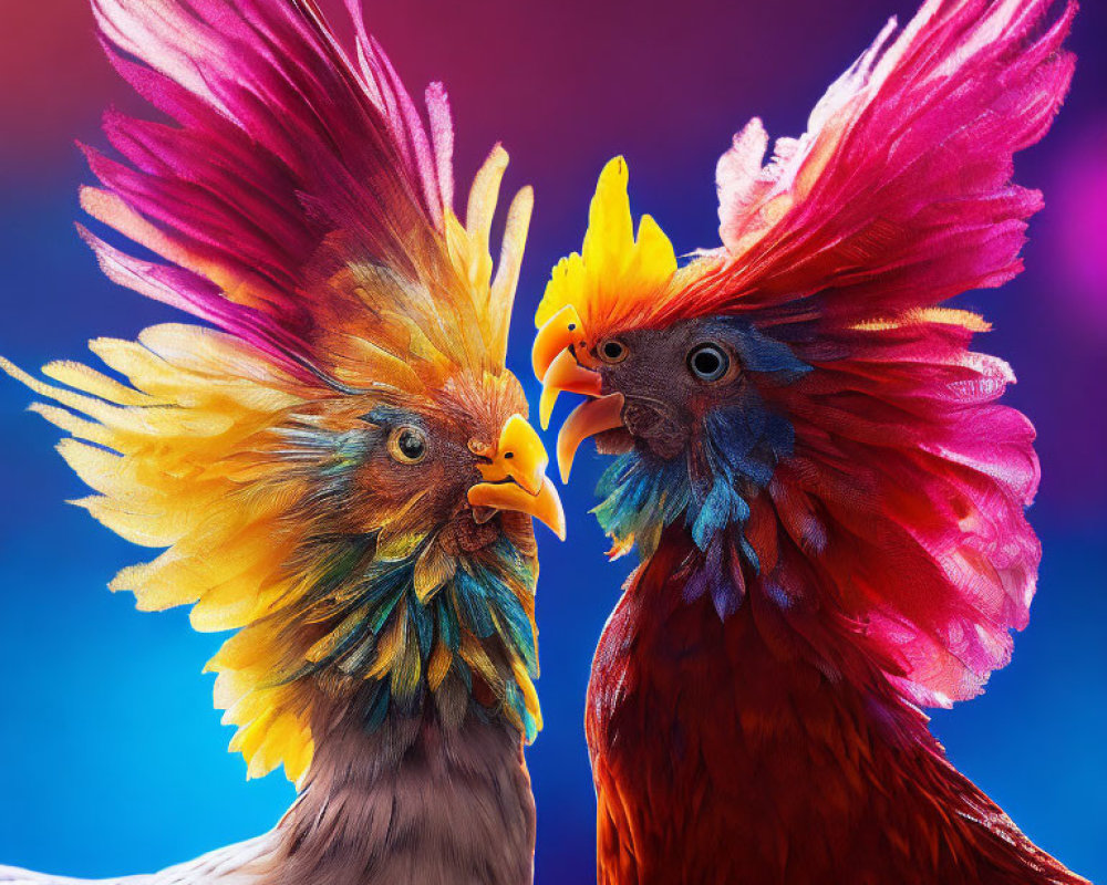 Colorful Roosters Facing Each Other on Vibrant Background