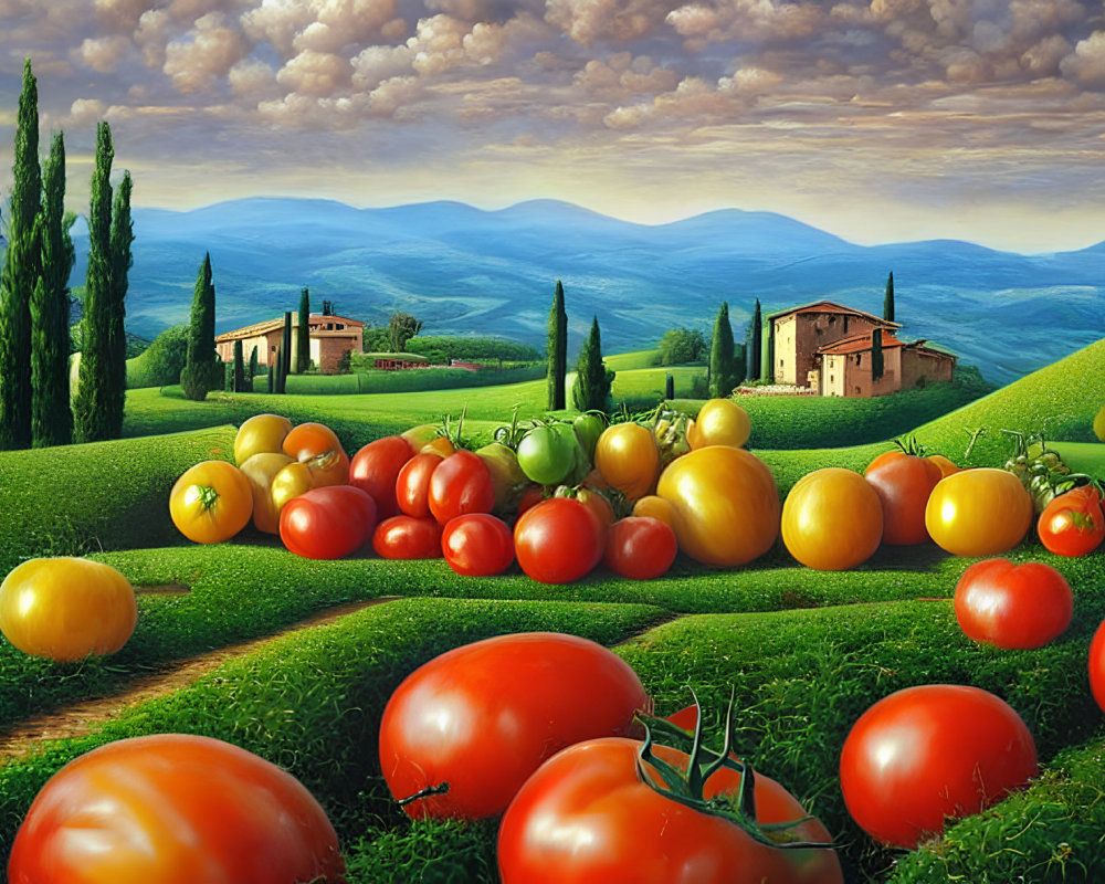 Vibrant painting of ripe tomatoes, Tuscan houses, hills, and cypress trees