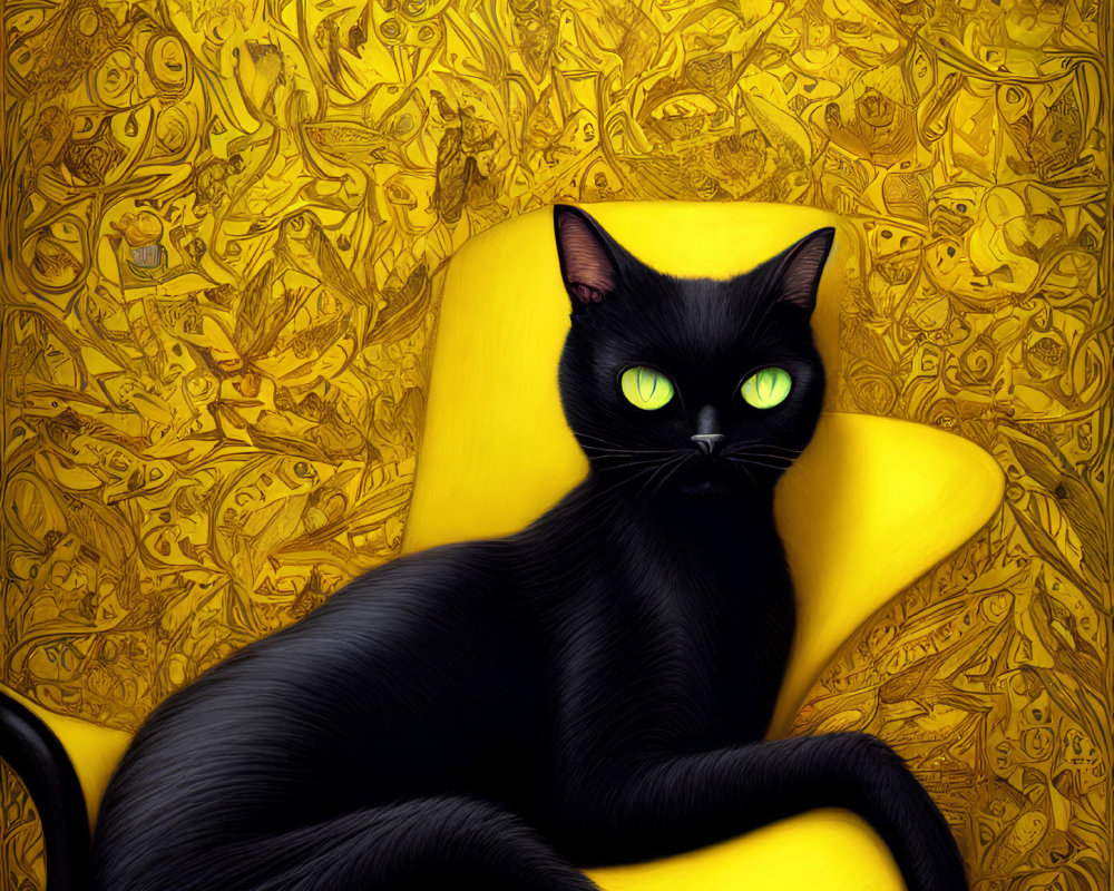 Black Cat with Green Eyes on Yellow Chair Against Patterned Background
