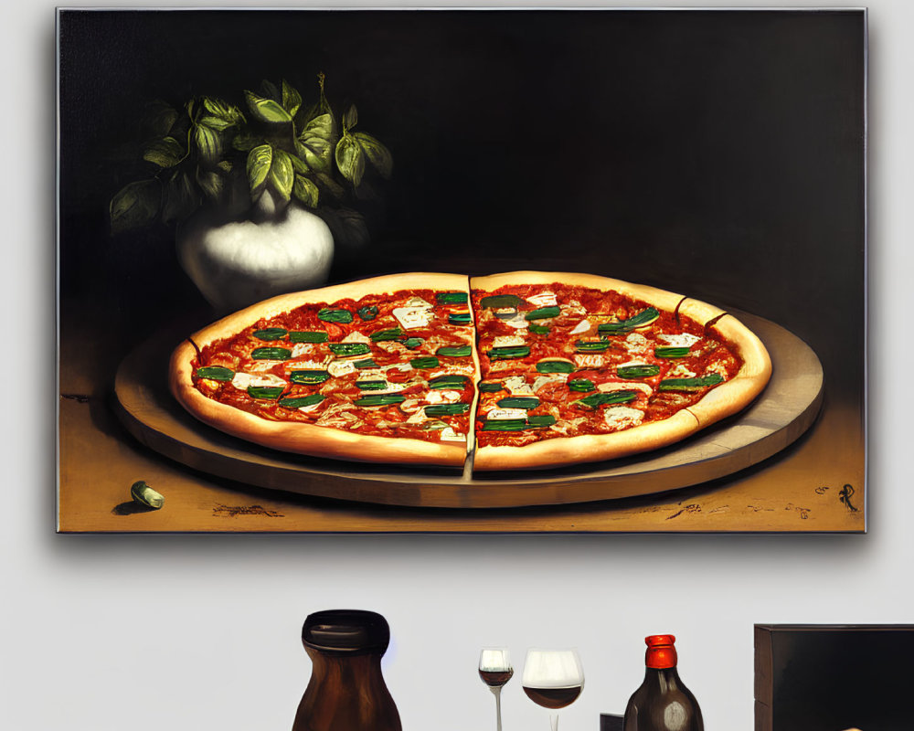Surreal artwork: Classic still-life meets modern pizza on divided canvas