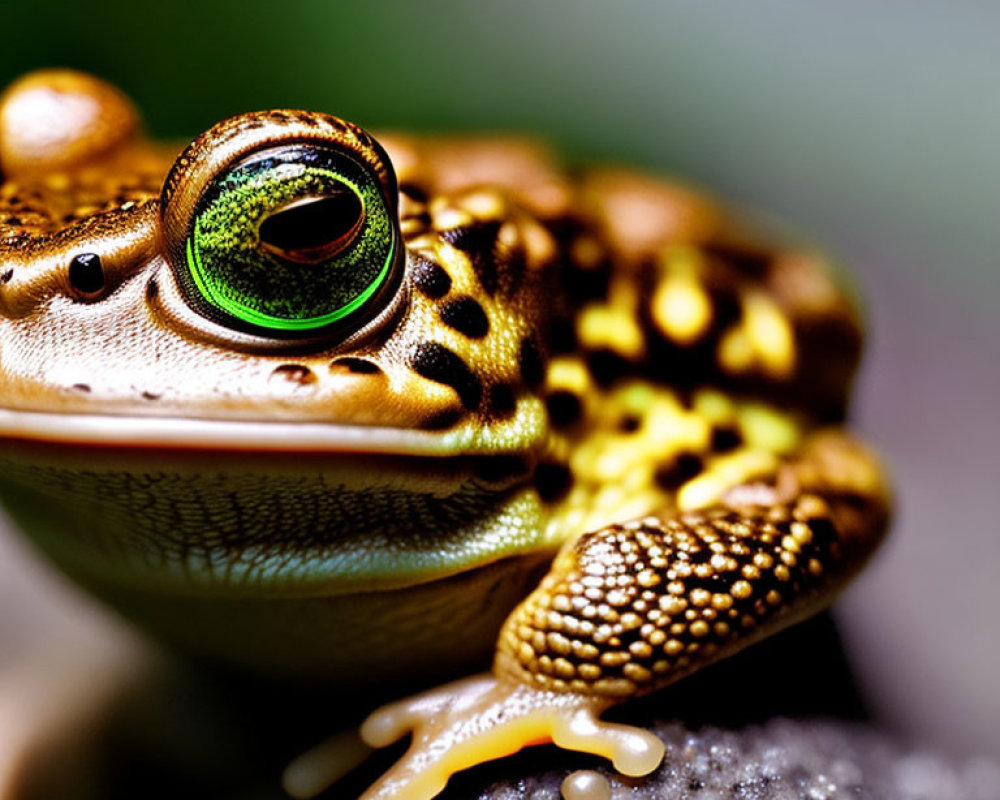 Detailed close-up of vibrant green and brown frog with textured skin and prominent eye.