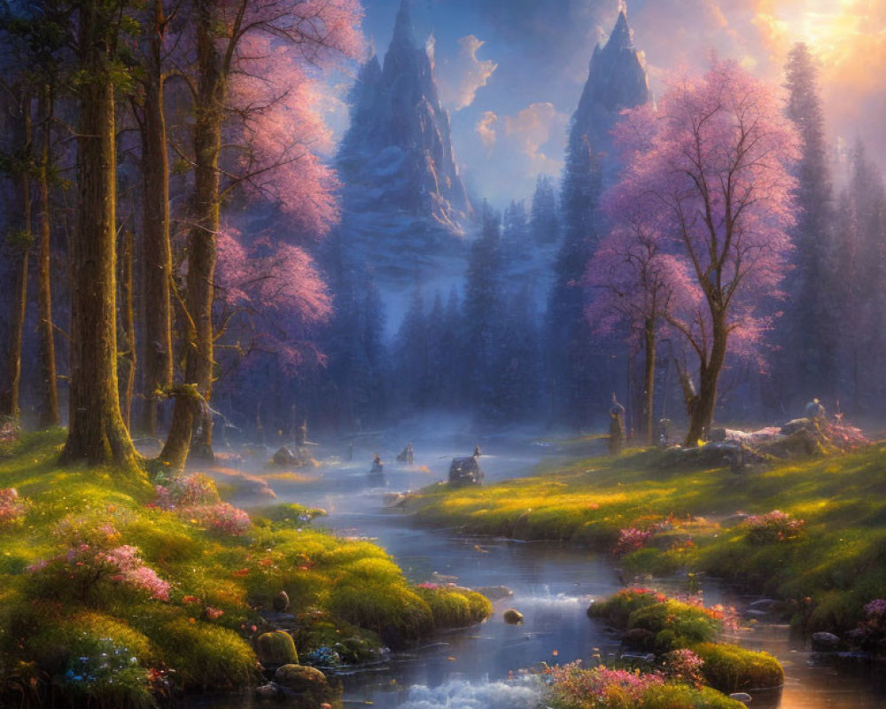 Serene river in mystical landscape with mountains at sunrise