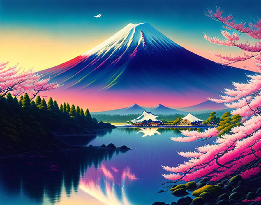 Illustration of Mount Fuji at twilight with cherry blossoms and a serene lake