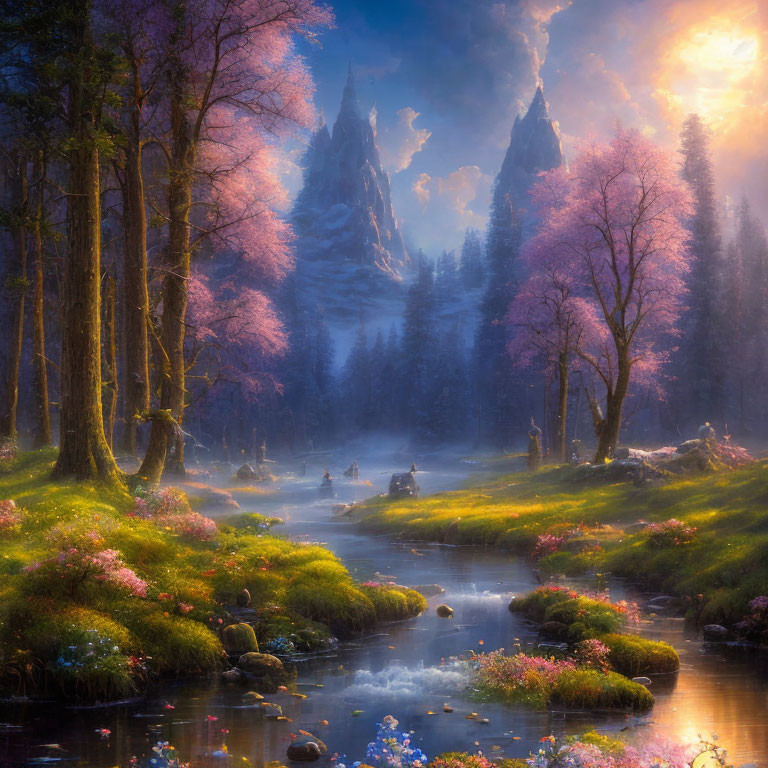 Serene river in mystical landscape with mountains at sunrise