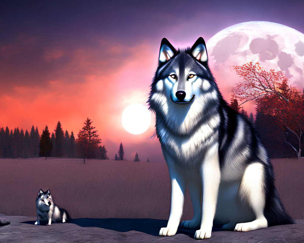 Mystical landscape with two wolves under full moon