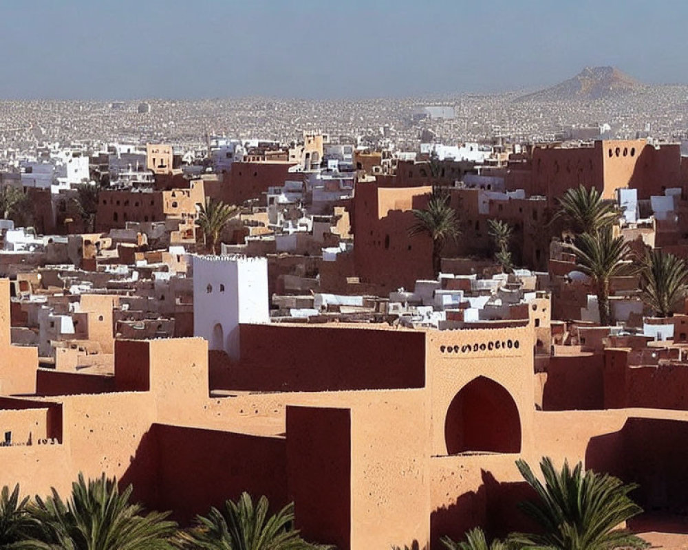 Arid Cityscape with Terracotta Buildings and Clear Sky