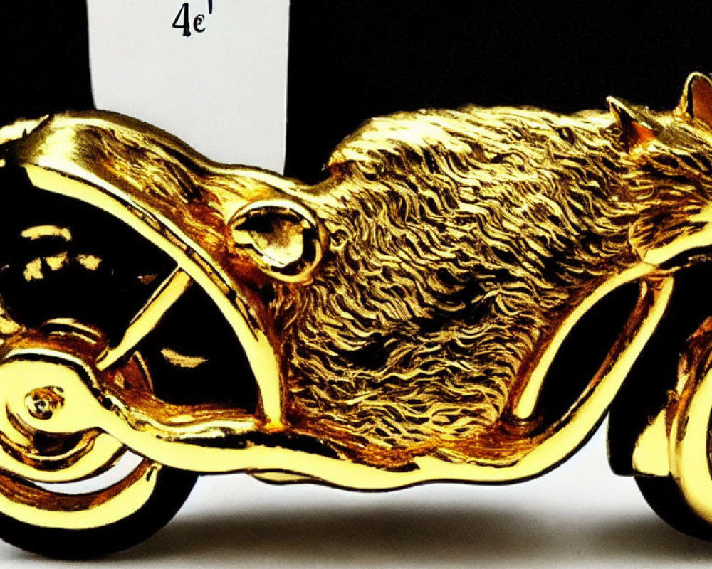 Golden Stylized Motorcycle Sculpture with Fur-Like Texture & Price Tag "Grande Aig
