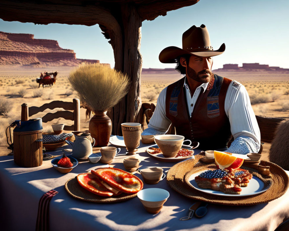 Cowboy enjoying breakfast with desert landscape and horse rider view