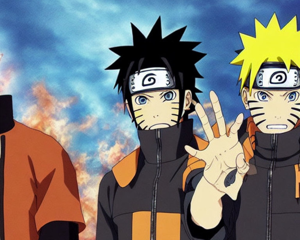 Anime characters with spiky hair against cloudy orange sky