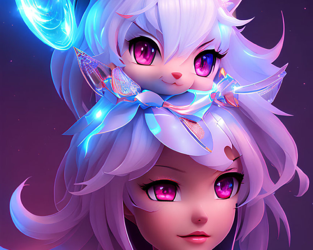 Anime-style character with white fox ears, purple eyes, and glowing butterfly companion