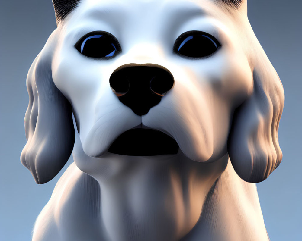 Stylized 3D White Dog with Exaggerated Features on Blue Background