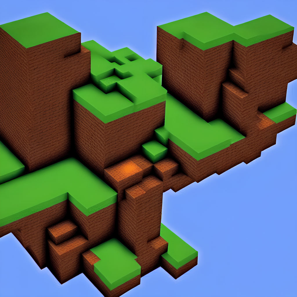 3D Rendered Floating Island with Cubic Green and Brown Pixelated Landscape