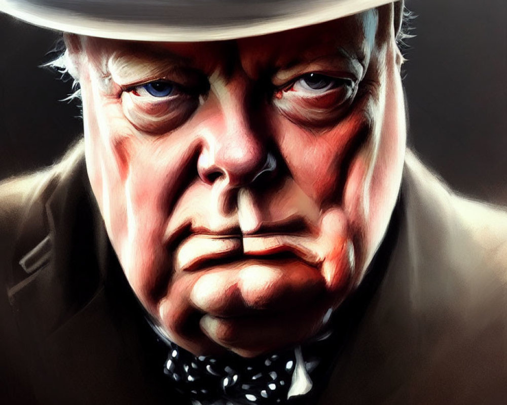 Realistic digital painting of stern man in bowler hat and polka dot bow tie