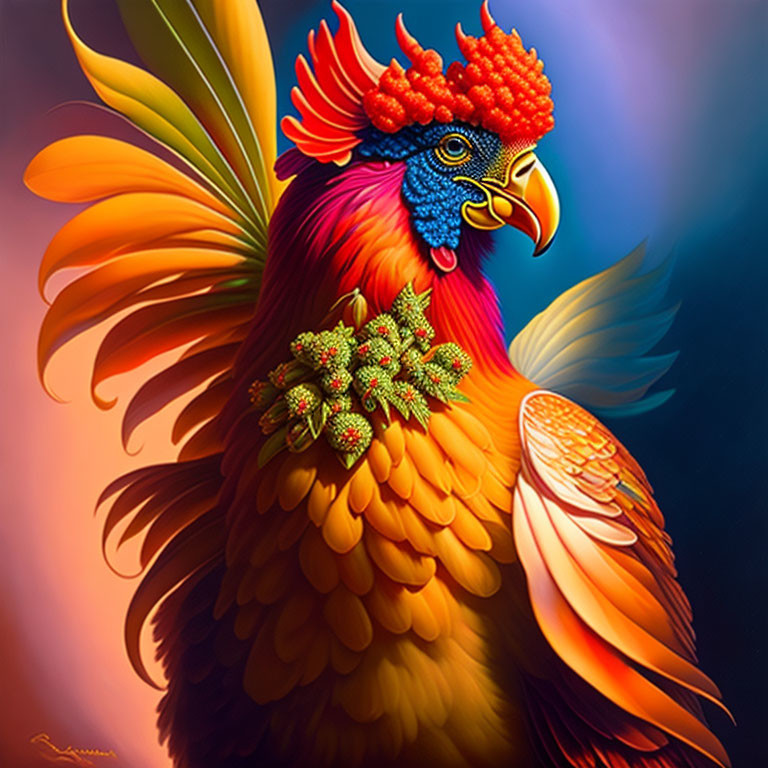 Colorful Rooster Artwork with Vibrant Feathers and Red Comb
