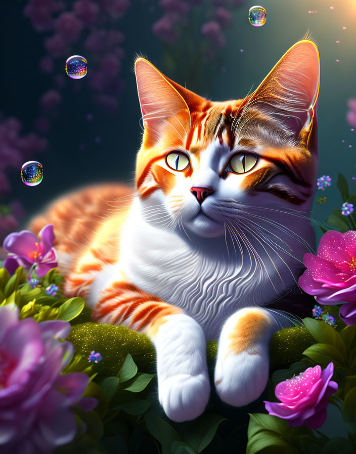 Orange and White Cat with Striking Eyes Among Purple Flowers and Bubbles on Dark Background