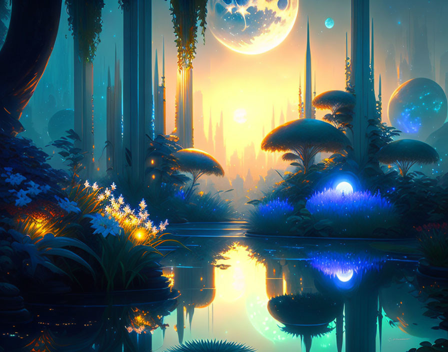 Fantasy landscape with glowing flora, giant mushrooms, reflective water, and city silhouette.