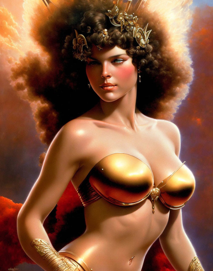 Fantasy art of woman in decorative headdress and gold bra against fiery backdrop