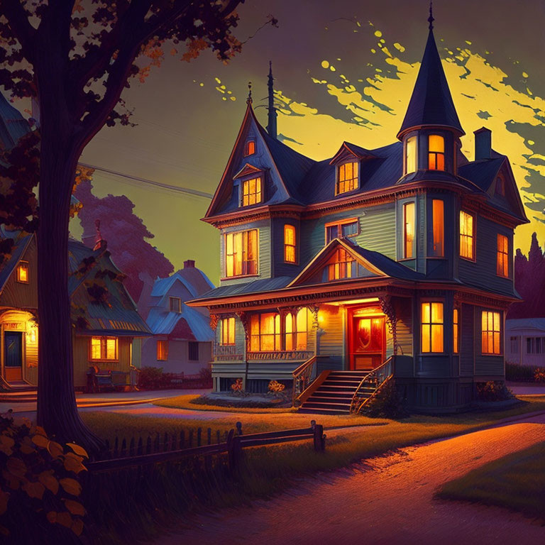 Victorian House Illustration at Dusk with Warm Lights and Silhouettes