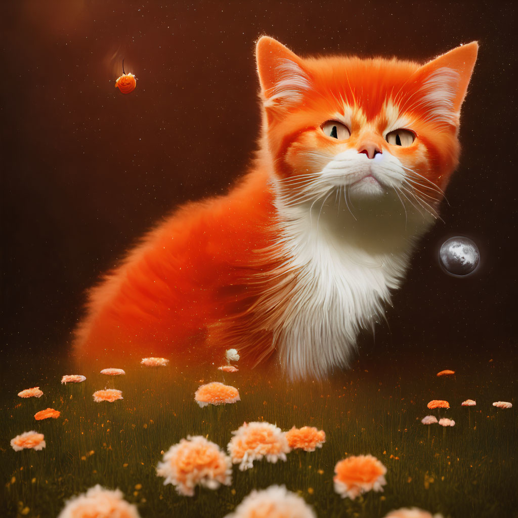 Whimsical orange and white cat in flower field with floating planets