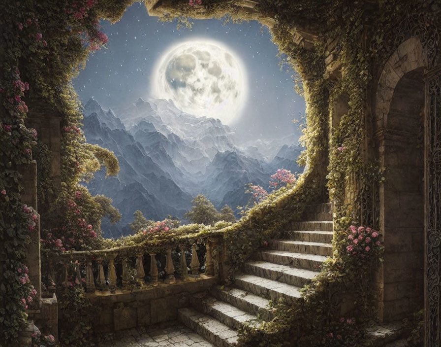 Moonlit archway with vines, flowers, and mountain view from balcony