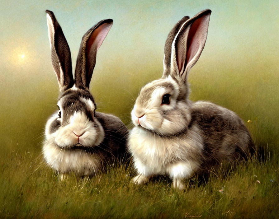 Realistic rabbits in field with soft lighting
