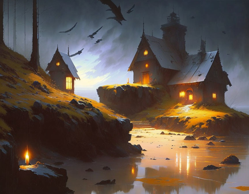 Fantasy landscape at dusk with medieval-style houses by river