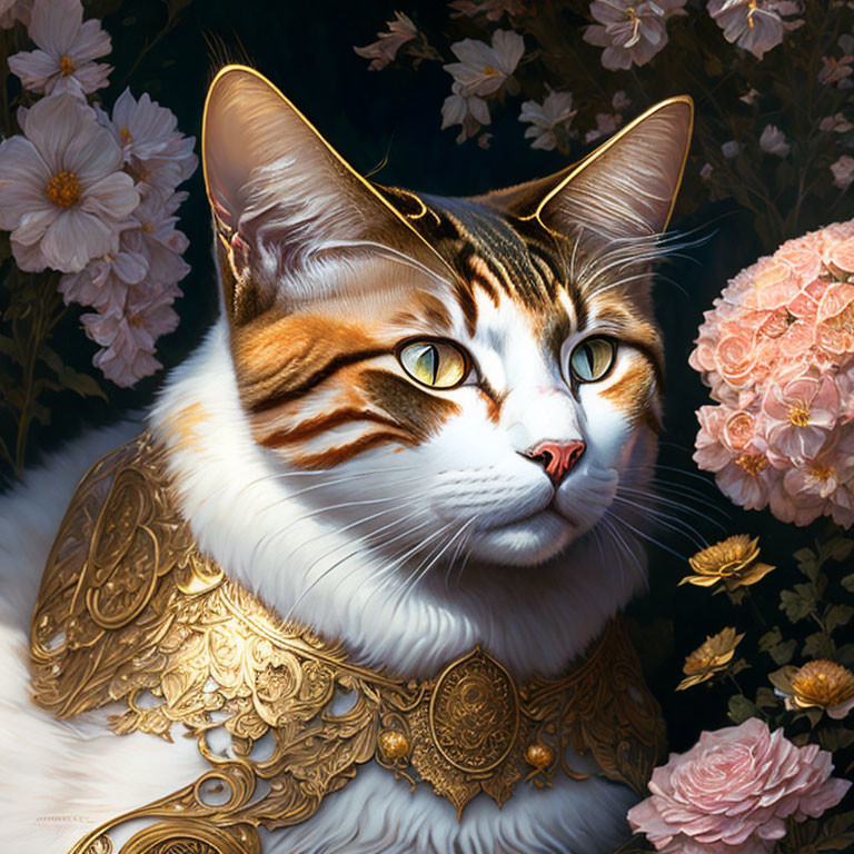 Regal Cat in Golden Armor Amid Pink and White Flowers
