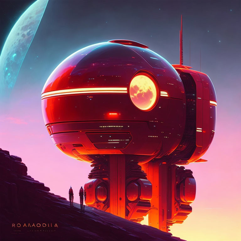 Futuristic spherical building on tall legs under pink sky with celestial bodies