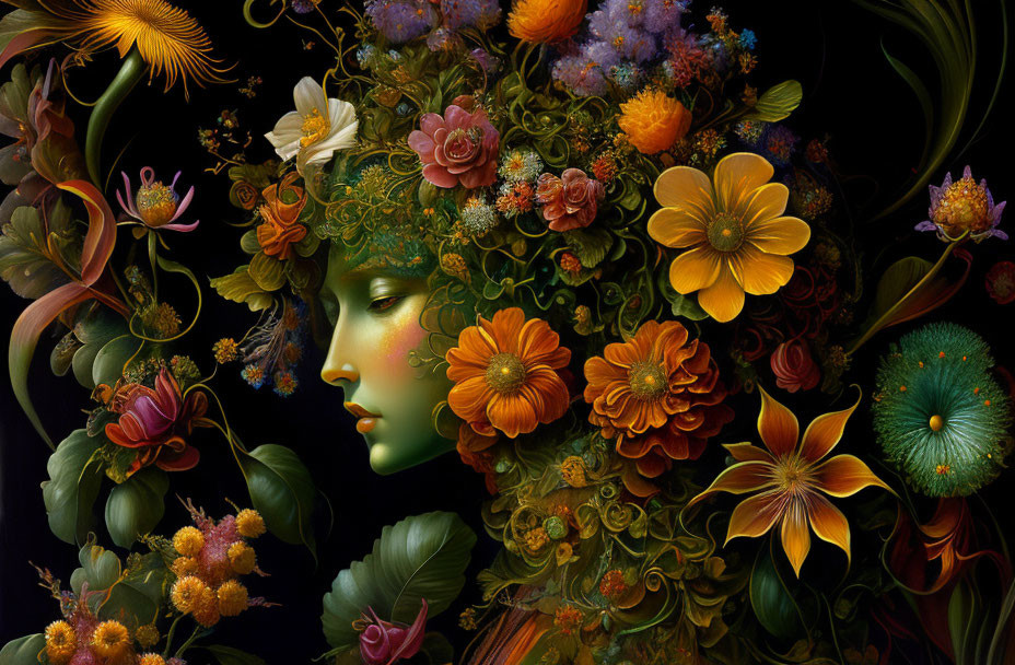 Colorful Flower Profile Portrait on Dark Background