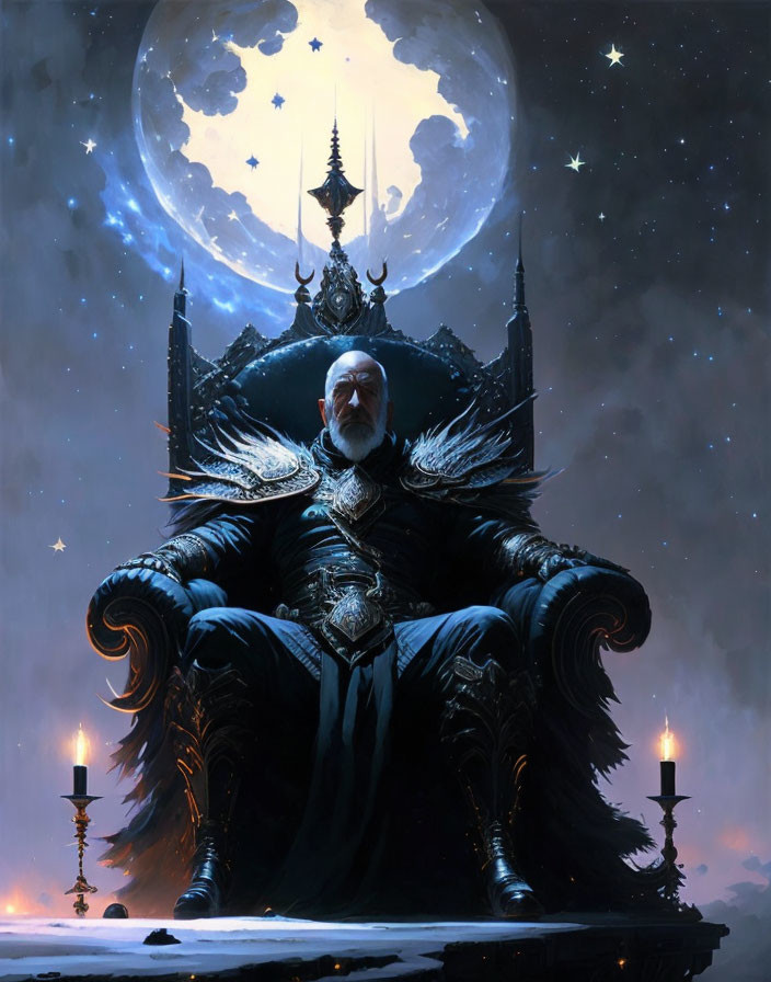 Regal king on grand throne under moonlit sky with ancient architecture.