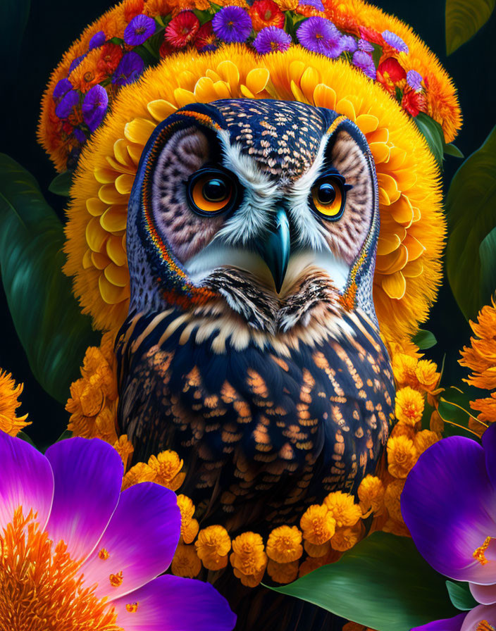 Colorful Digital Artwork Featuring Owl and Vibrant Flowers in Purple, Orange, and Yellow