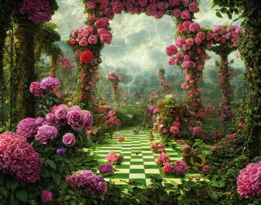Fantastical garden with checkered pathway and vibrant flowers
