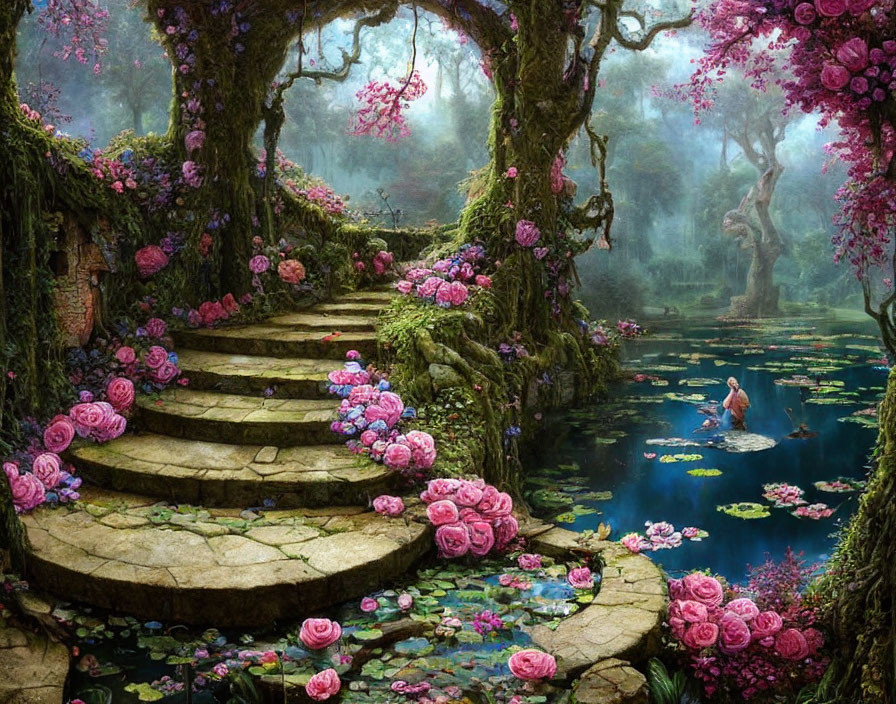 Enchanting forest scene with stone steps, pink blossoms, mossy trees, and serene pond