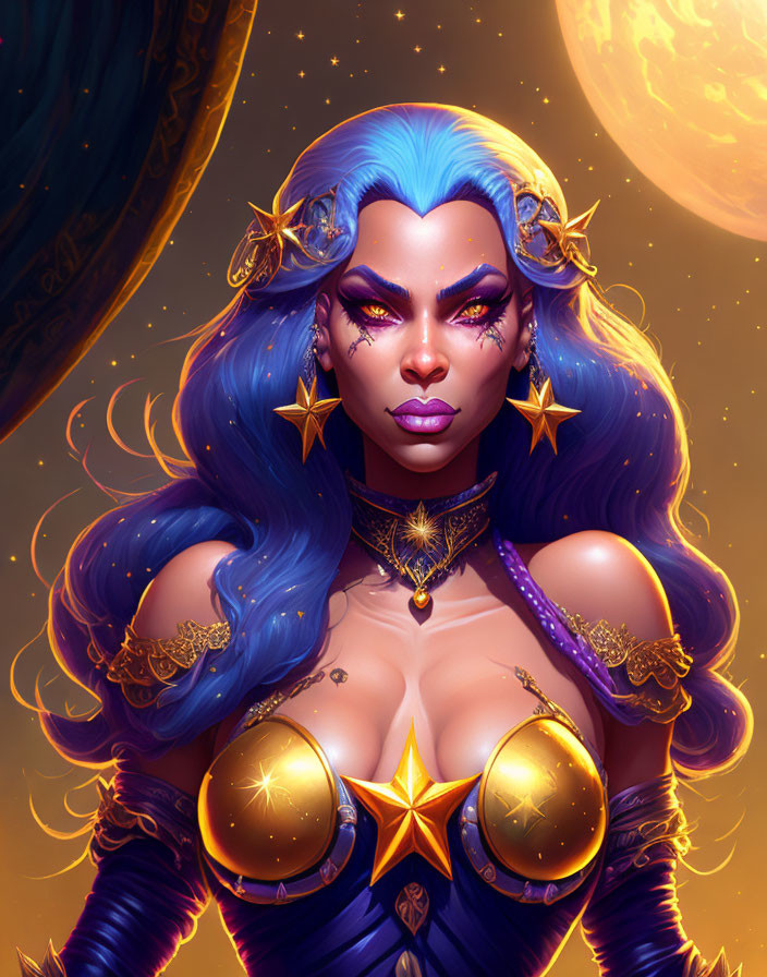 Fantasy Woman Portrait with Blue Hair and Cosmic Theme