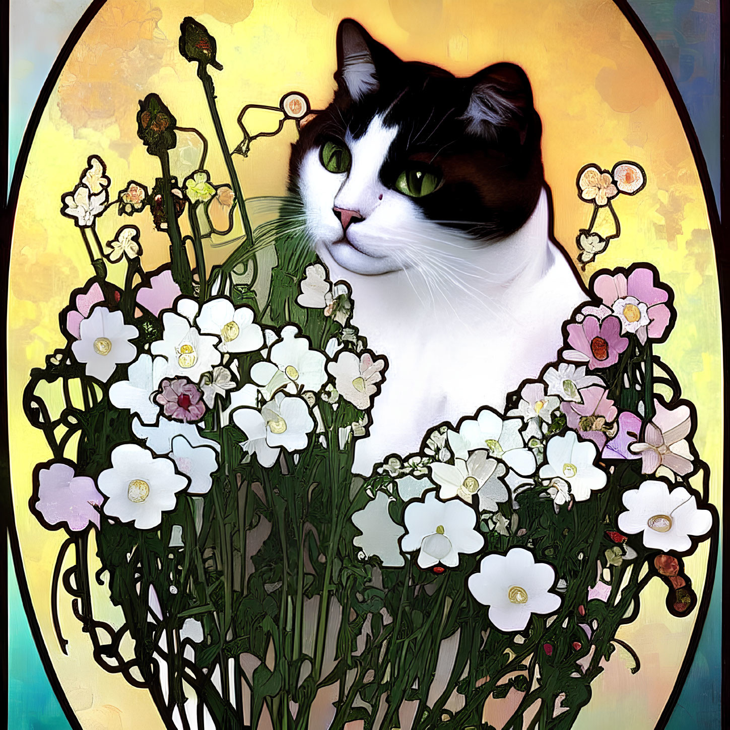 Stylized digital illustration of black and white cat in colorful floral setting
