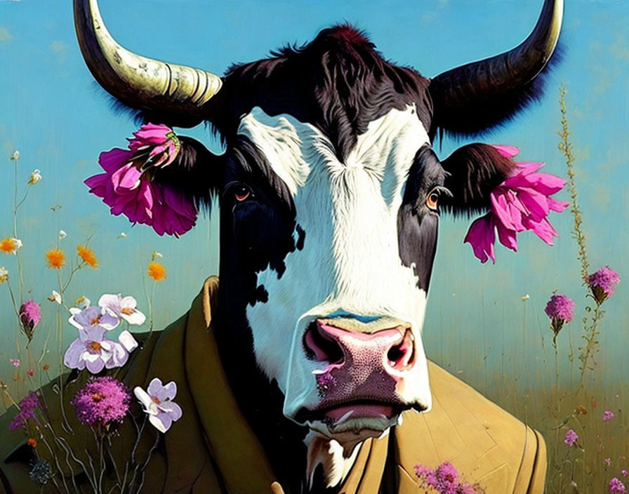 Close-up digital artwork: Cow in brown jacket with pink flowers, blue sky