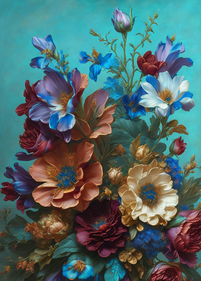 Colorful Flower Bouquet on Teal Background with Blue, Red, White, and Gold Hues