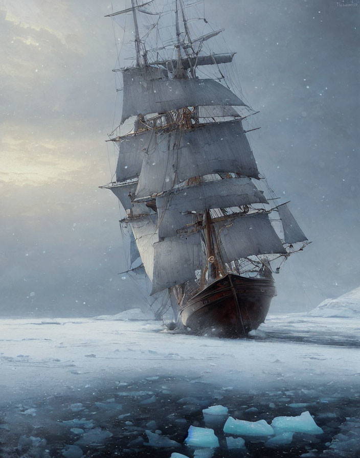 Sailing Ship in Frozen Landscape with Falling Snow