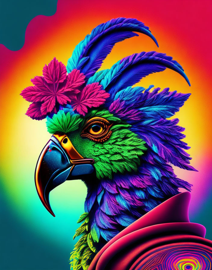 Colorful Parrot Artwork with Psychedelic Feathers and Pink Flower