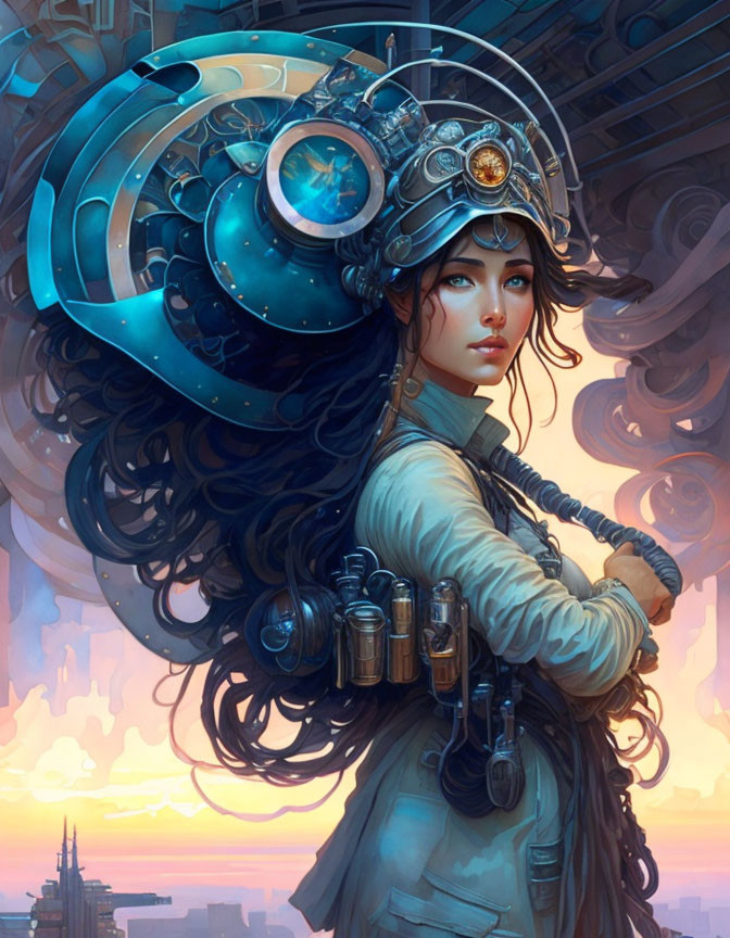 Digital Artwork: Woman with Steampunk Helmet in Futuristic Cityscape