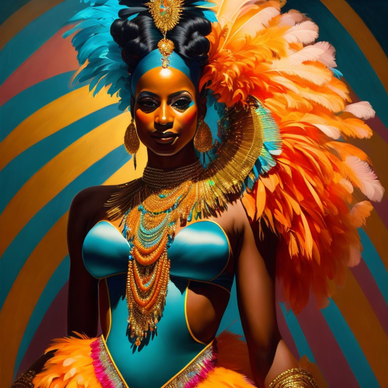 Colorful Carnival Attire with Feathered Headdress and Jewelry on Radial Background