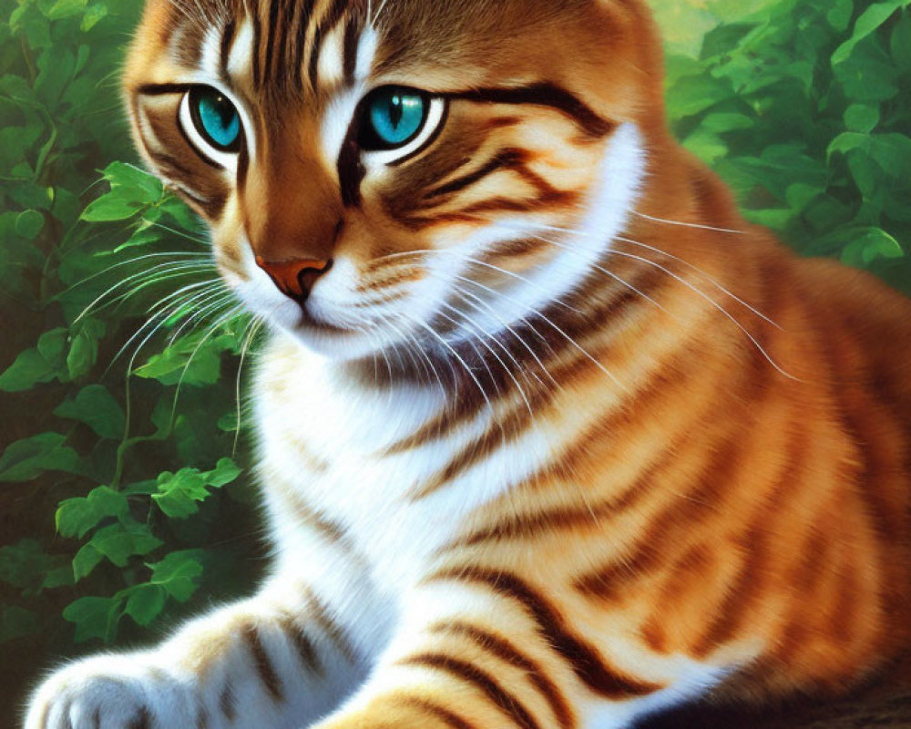 Vibrant orange-striped cat with turquoise eyes on tree branch
