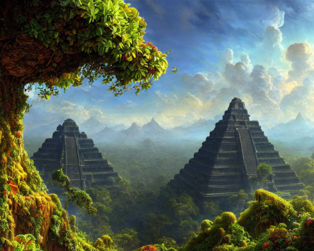 Colorful painting of ancient pyramids in lush jungle