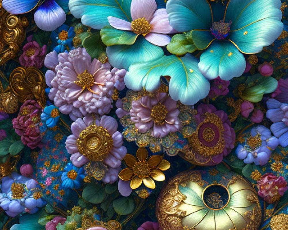 Detailed Artwork: Vibrant Flowers with Golden Watches and Jewelry in Lush Setting