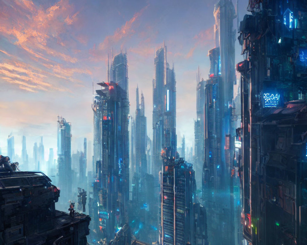 Futuristic twilight cityscape with skyscrapers and flying vehicles