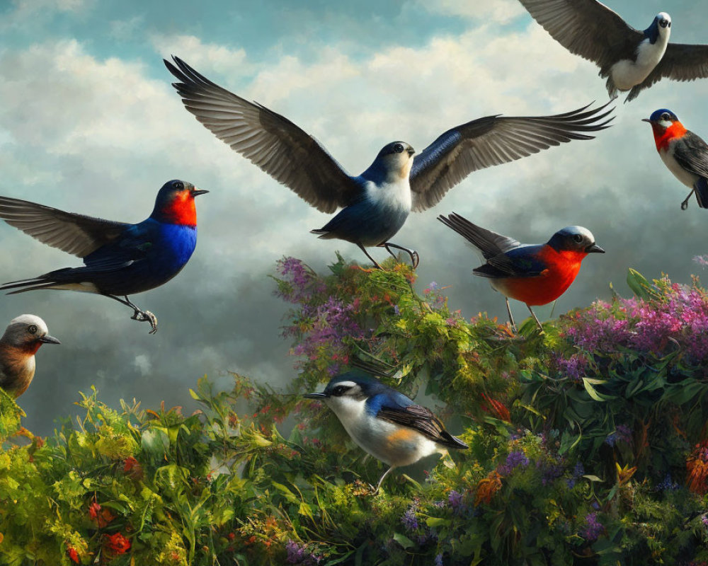 Colorful Birds Gathering in Flight and Perched on Foliage under Misty Sky