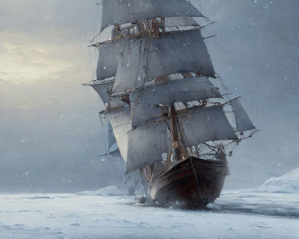 Sailing Ship in Frozen Landscape with Falling Snow