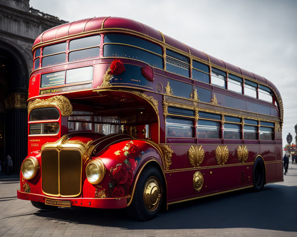 Vintage Double-Decker Bus Decorated in Red and Gold Parked in Front of Classical Building