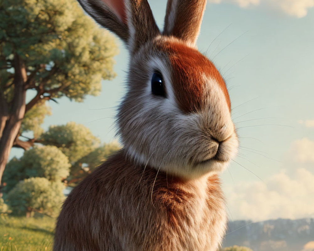 Realistic Animated Rabbit in Grass with Trees and Blue Sky