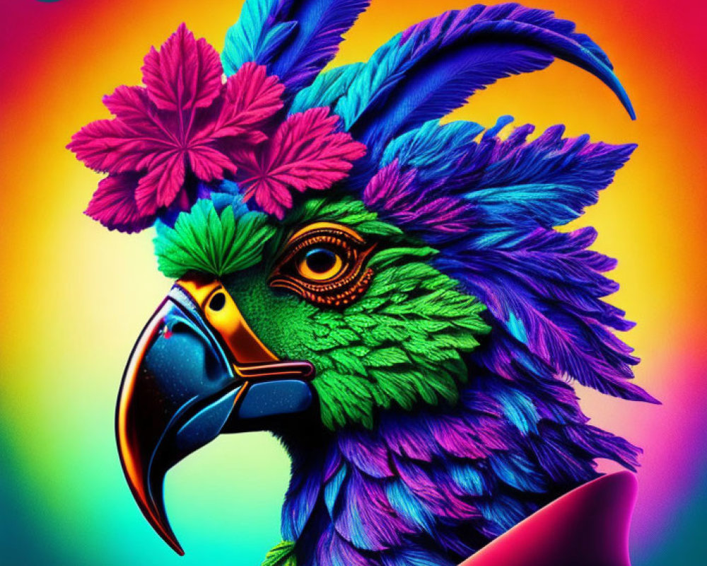 Colorful Parrot Artwork with Psychedelic Feathers and Pink Flower